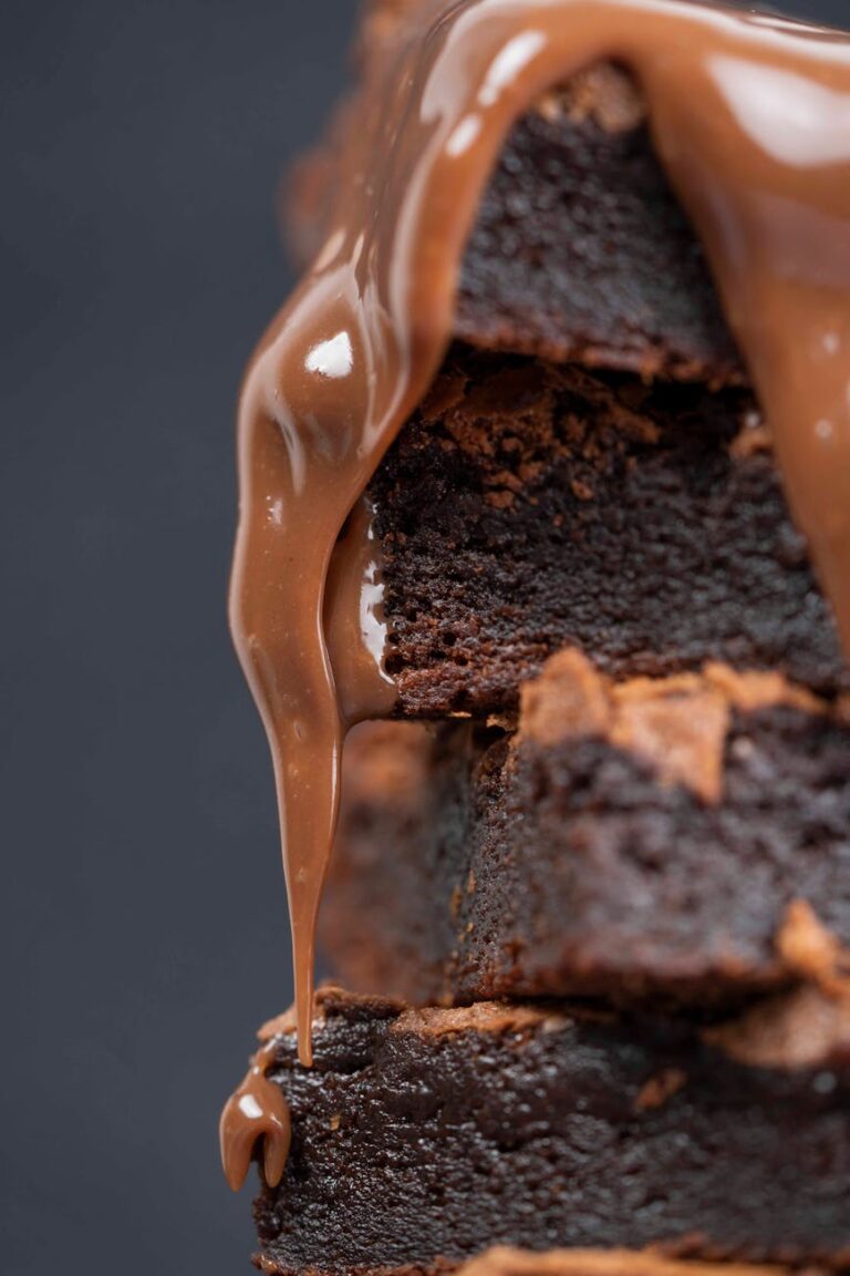 close up of delicious chocolate cake with fudge