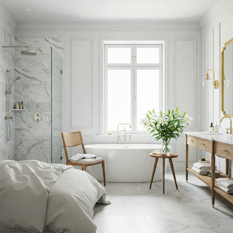luxurious minimalist bathroom with elegant white interior
