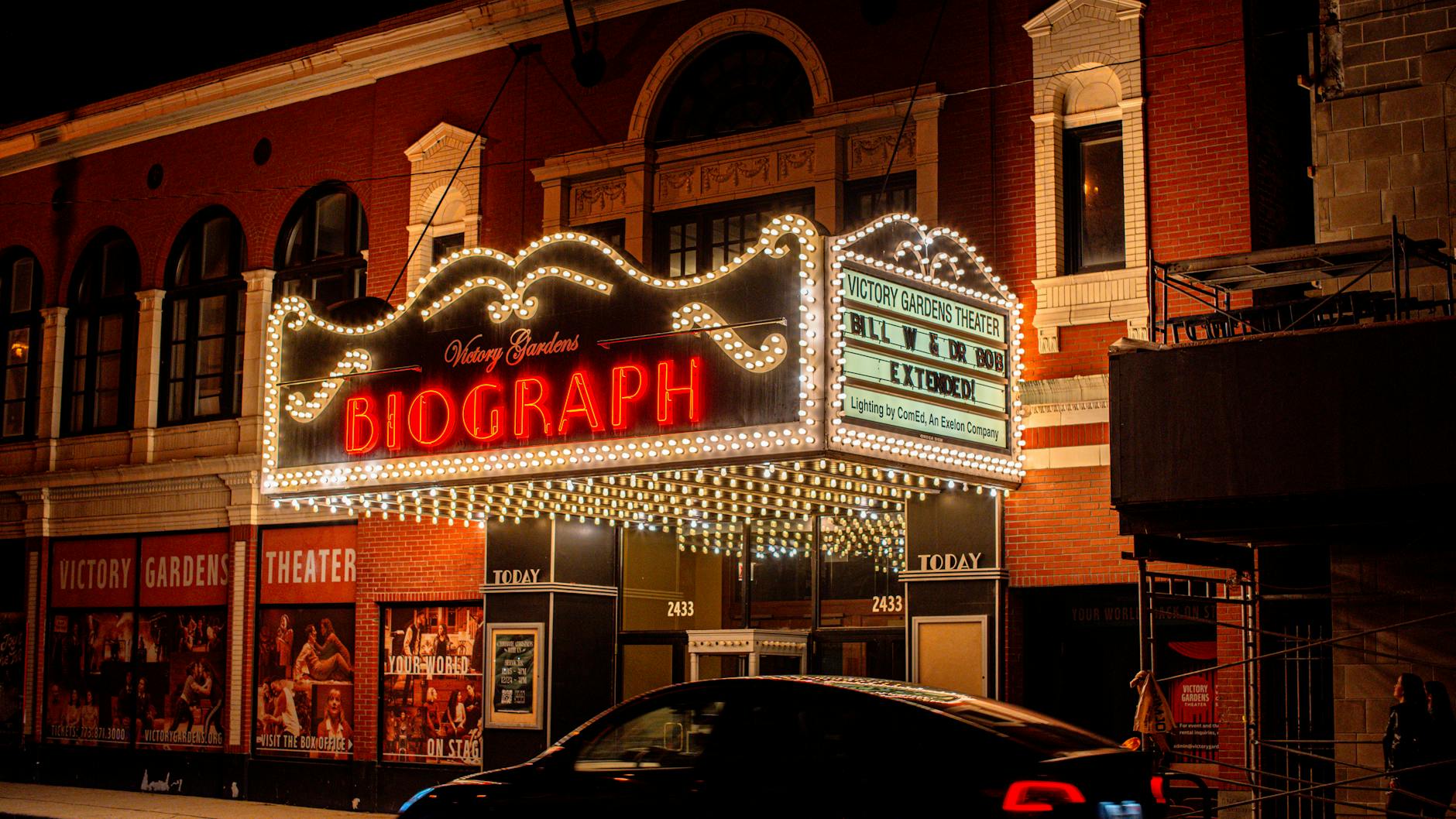 iconic biograph theater at night in chicago