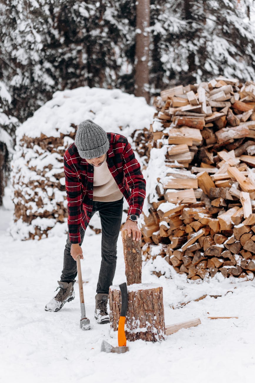 man chopping woods with an axe