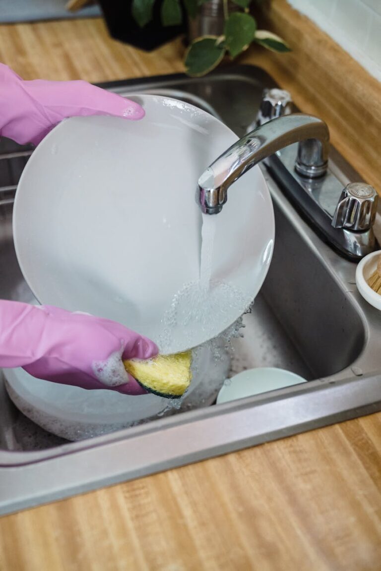 a person washing a plate in the kitchen sink