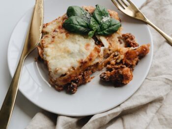 savory lasagna on a ceramic plate