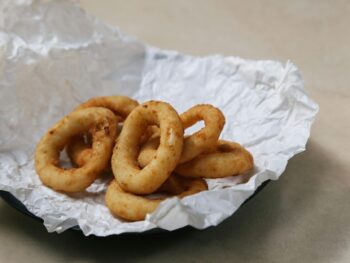 close up photograph of fried onion rings